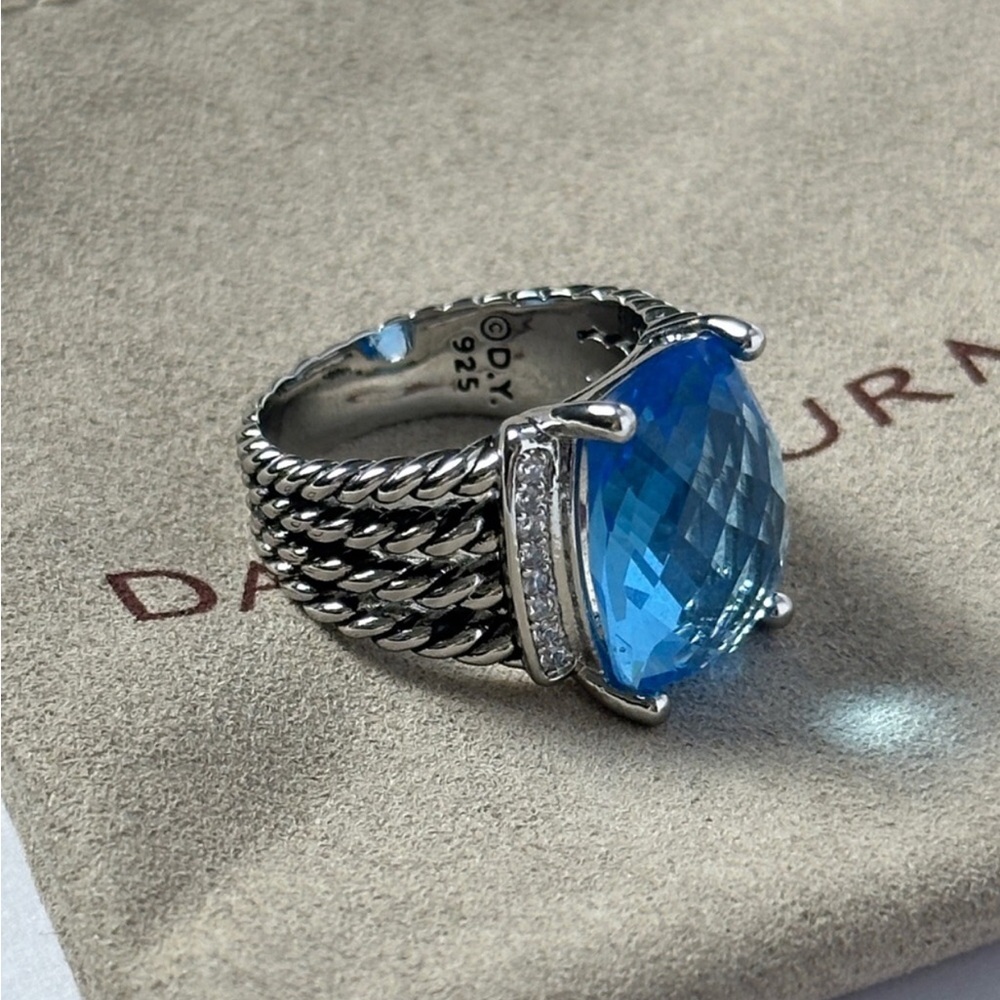 David Yurman Blue Topaz Cable Sterling Silver Ring sz8